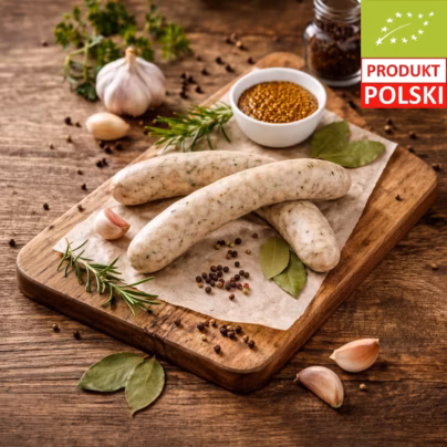Biała kiełbasa surowa z ziołami na drewnianej desce z musztardą francuską i przyprawami – produkt wielkanocny premium