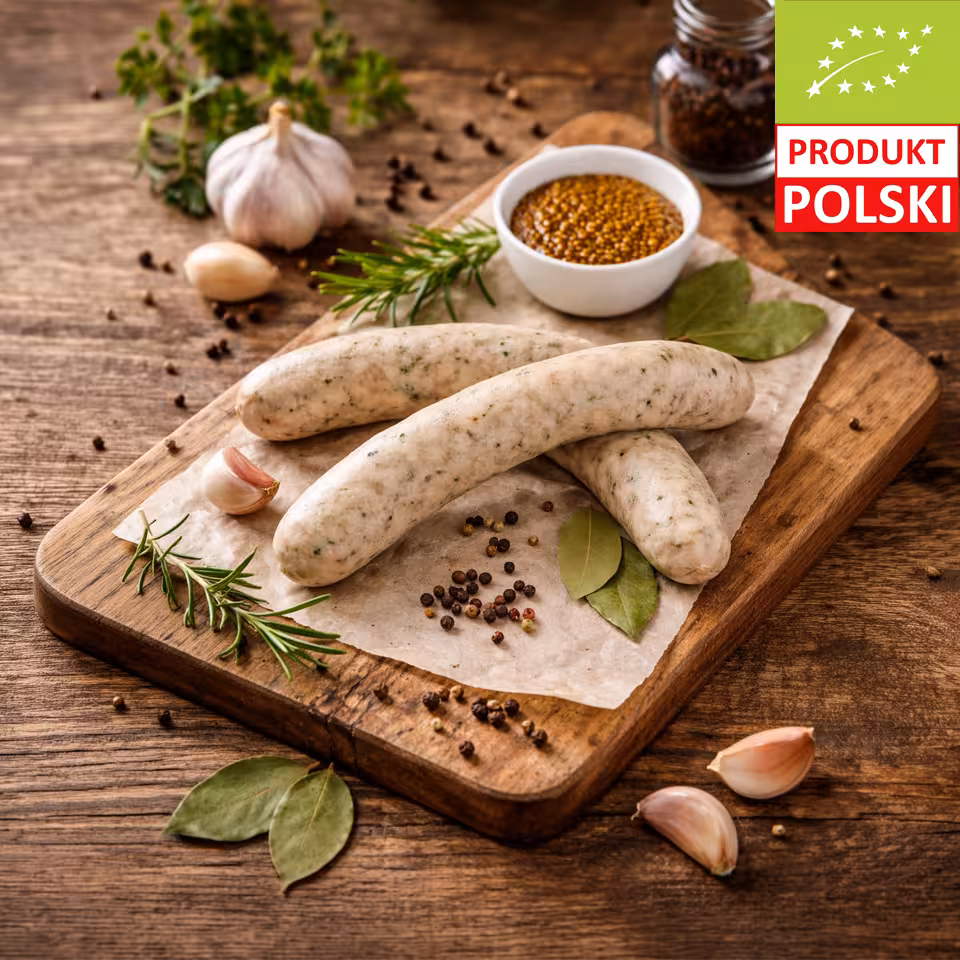 Biała kiełbasa surowa z ziołami na drewnianej desce z musztardą francuską i przyprawami – produkt wielkanocny premium
