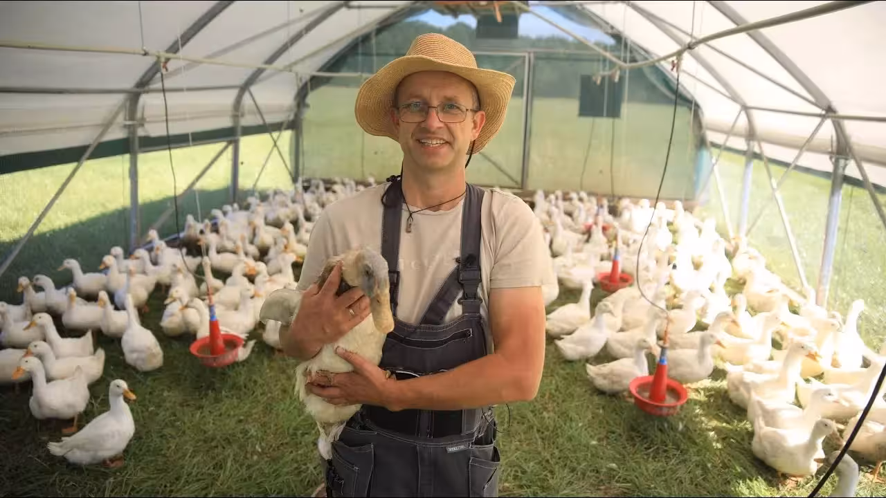 Tomasz Majda na ekologicznym pastwisku – gospodarstwo Kurczak Pastwiskowy, Mikoszów Dolny Śląsk